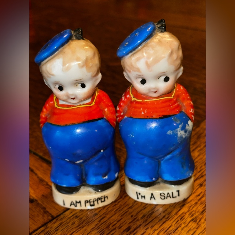 Vintage Sailor Boy Porcelain Salt & Pepper Shakers Japan